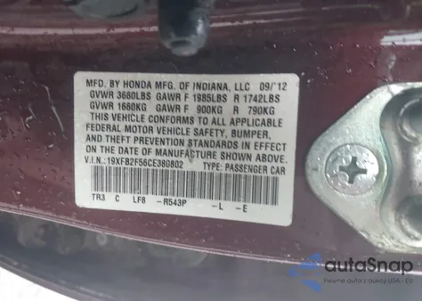 2012 Honda Civic Lx z USA, uszkodzony, nr VIN 19XFB2F56CE380802